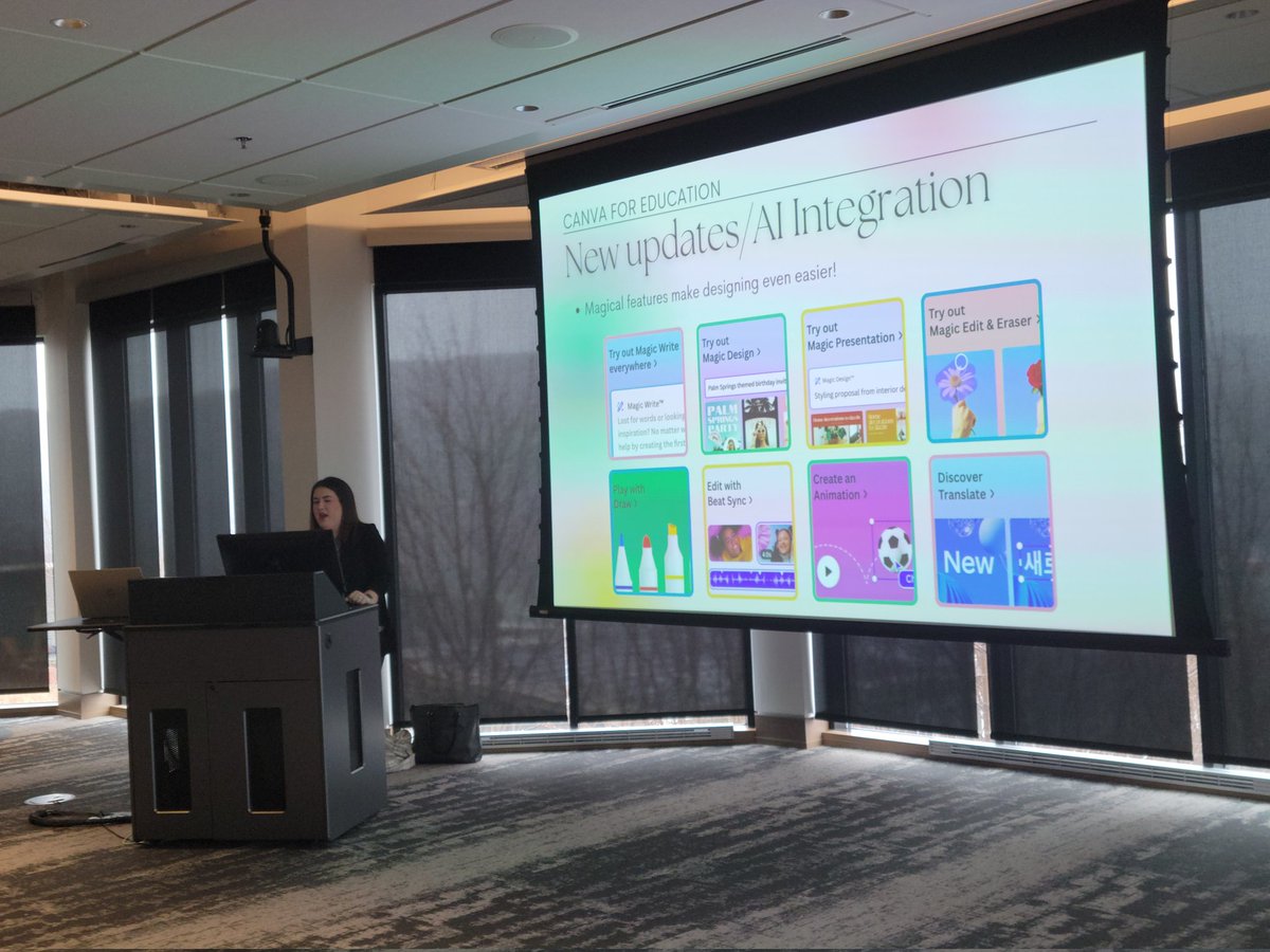 nltatesic's tweet photo. Delighted to have @Daniellekelsey_ of @learysbrook leading learning on @canva today at #TESIConnect! Some minds were blown by the power and capabilities of this tech tool! 🤯 https://t.co/e2Wnl0w4IO
