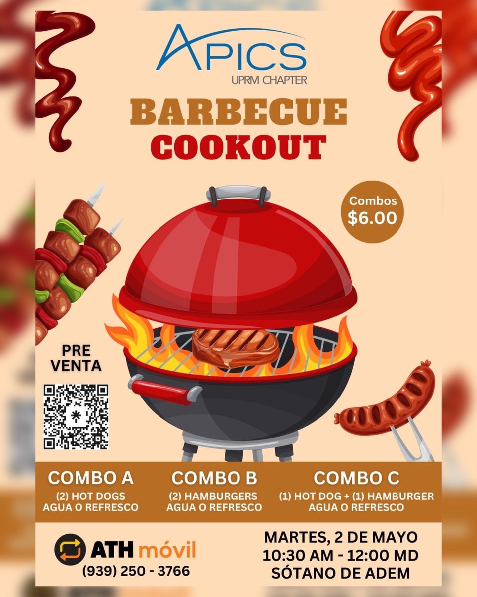 apicsuprm's tweet photo. 🍔🌭 ¡Atención a todos! 🍴🍽️

Estaremos organizando un Barbecue Cookout el martes, 2 de mayo, a la hora universal en el sótano de ADEM. Además, estaremos realizando una preventa con ofertas disponibles para ese día. https://t.co/7RACOZBn5b