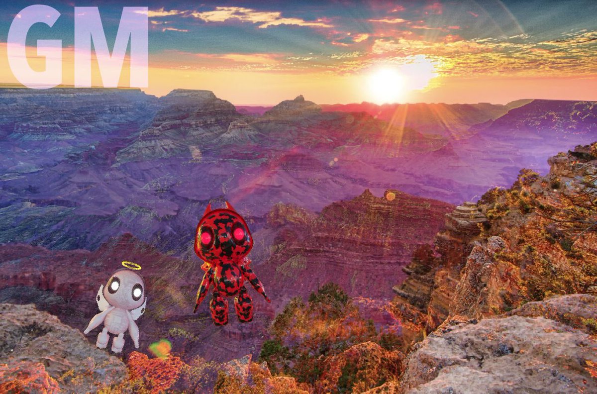 itsfrankroyal's tweet photo. gm legends ☀️

Wishing you a great Saturday 🚀 

This morning Angelbot &amp; Devilbot decided to fly around &amp; touch grass @ the Grand Canyon. They grind during the week, &amp; travel on the weekend. Just like us 😄✌️

You can capture their magic too, linked below in the comments. https://t.co/VqoDRPHwa3