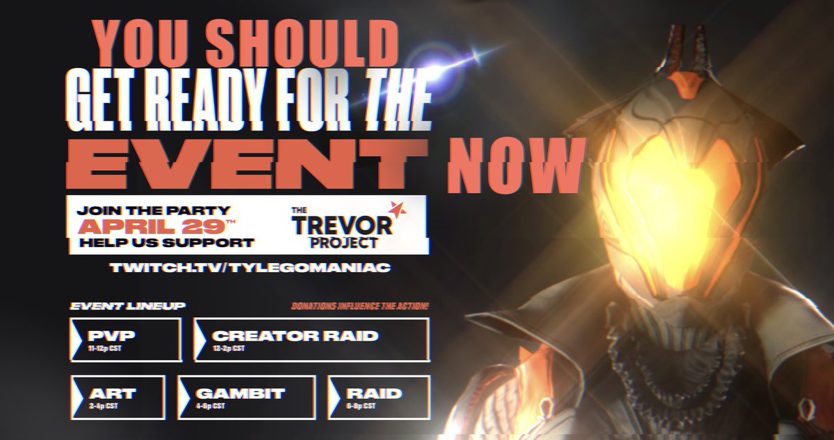 Right now I am a raid with, <a href="/TheTylegomaniac/">Autumn</a>, <a href="/KimberPrime/">Kimber Prime</a>, <a href="/mislead/">miss</a>, <a href="/SaintMotivation/">Saint-14 Motivation</a>, and <a href="/Chrizmo__/">Chrizmo</a> for the <a href="/TrevorProject/">The Trevor Project</a>! But we've added a little twist...

Donate to spin the wheel over at Twitch.Tv/Tylegomaniac to influence the raid and incite chaos for us all!