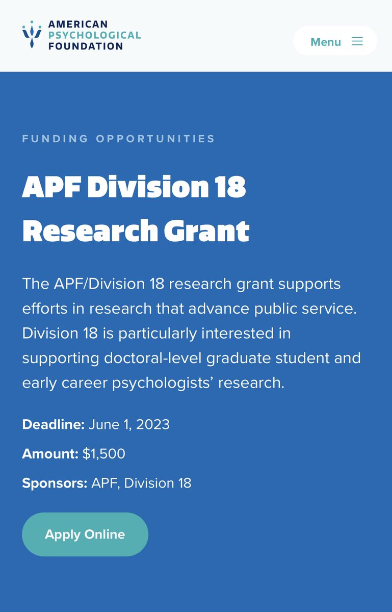 apadiv18's tweet photo. Apply for $1500 @AmPsychFdn American Psychological Foundation  (APF) Division 18 Grants: Applications Due June 1, 2023

More information: https://t.co/xLJS02r9Ss

 #psychology #research #ecp #earlycareer #grants #psychologists #psychologyweek #apf #apa #apags https://t.co/ufchVisnUi