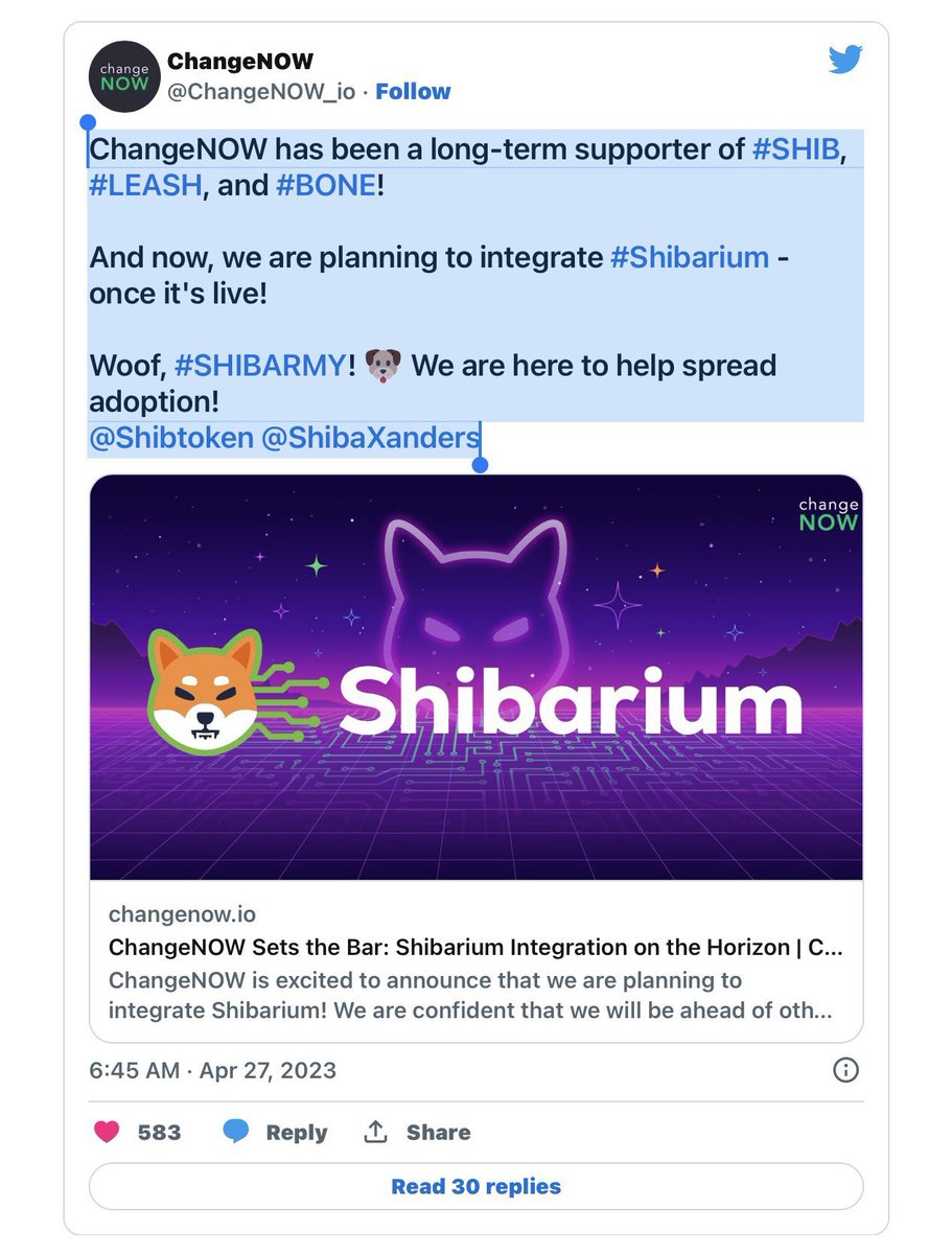 #SHIBARMYSTRONG 💪

IGNORE THE NOISE AND FUDSTERS
ChangeNOW has been a long-term supporter of #SHIB, #LEASH, #BONE!
ChangeNOW are planning to integrate #Shibarium - once it's live! 🔥

#KKRvGT #MissGrandThaiand2023 #ซีนุนิวเยาวชนต้นแบบ #เฌอเอมจากชุมชนสู่มหาชน #11thYEARSWITHEXO