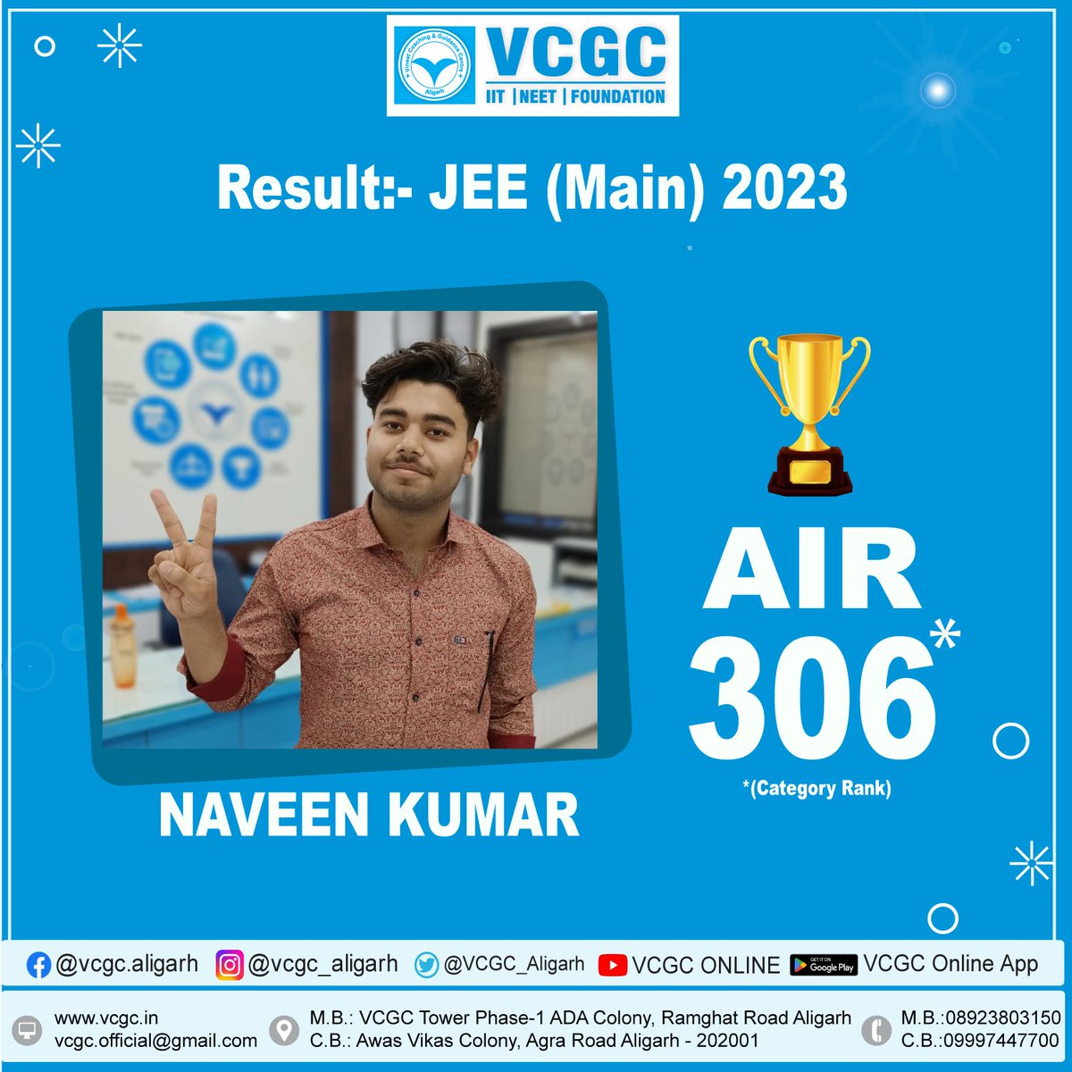 VCGC_Aligarh's tweet photo. Congratulations to Naveen and Khyati!!!
#vcgc #JEEMain2023 https://t.co/8cjXnzbu5j