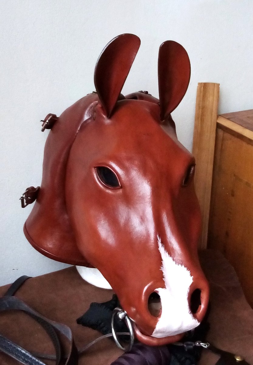 SignumEquus's tweet photo. Our first, but not last, brown mask.  Just before final completion.  How do you like it?  How many brown horses are there?  🐴🤎

Gear: https://t.co/2OGTRtZrN1

#ponyplay #antrohorse #humanpony #horsemask #ponyhood #behindscene  #leatherwork #handmade #brownpony https://t.co/q32WDLpgdp