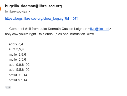 lkcl's tweet image. doing the write-up for OPF ISA WG External RFC ls016 - Integer Twin-Butterfly DCT/FFT &quot;mul-add-sub-shift-imm&quot; libre-soc.org/openpower/sv/t… the number of instructions it replaces is *eight*. and it&apos;s in-place. no temp regs. massive savings. @IBMResearch @OpenPOWERorg @GanesanBlue