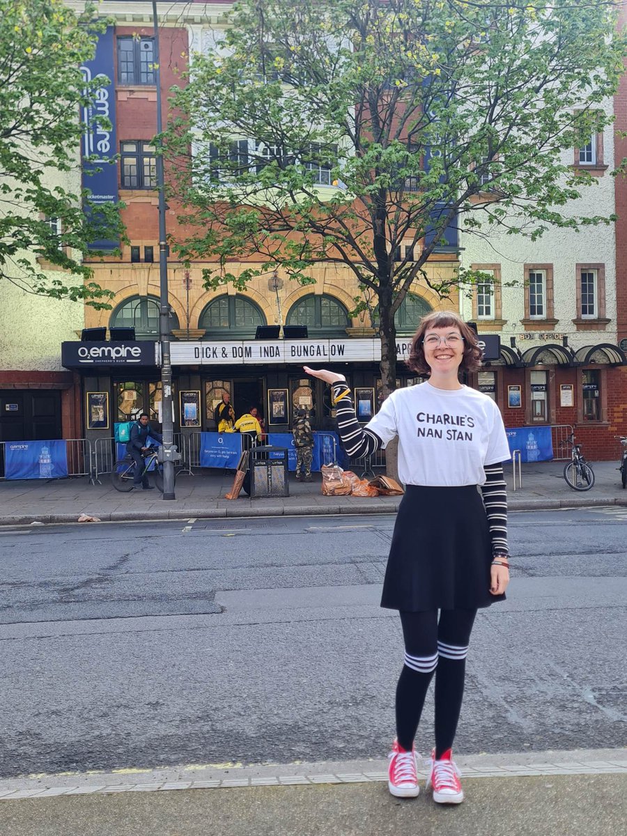 JJdracula's tweet photo. Dick and Dom reuniting with Charley Nunley brings me so much joy. It only felt right to share the shirt I made to see Da Bungalow on tour in London. Nanny Nunley's legacy lives on! (I went by the show's spelling of Charley and it was wrong rip) @charley_nunley @DaBungalowClips https://t.co/742tDiNkED