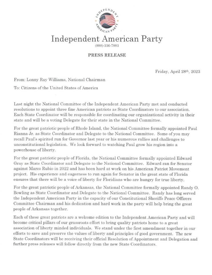 RiannaPaul's tweet photo. I am proud to announce that I have officially been appointed as the Delegate for the Rhode Island chapter of the Independent American Party!

I am humbled by the decision of the National Committee to vote me in and look forward to what the future holds.

Let’s #SaveRhodeIsland 🇺🇸 https://t.co/t7Fw3mrdlU