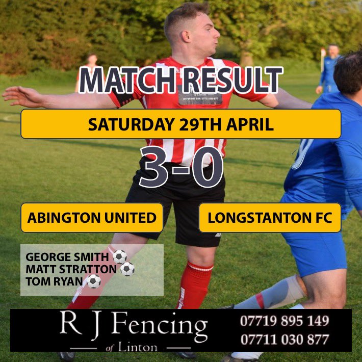 ⚽️ MATCH RESULT ⚽️
Abington United 3-0 <a href="/Longstanton_FC/">Longstanton FC</a> ⚽️ What a performance what a season! We have done everything we can now we wait to see how the league settles 🤞
Our goals:
<a href="/George_smith20/">George</a> ⚽️
<a href="/5tratts/">Matt</a> ⚽️
<a href="/ryan14_t/">T.Ryan14</a> ⚽️