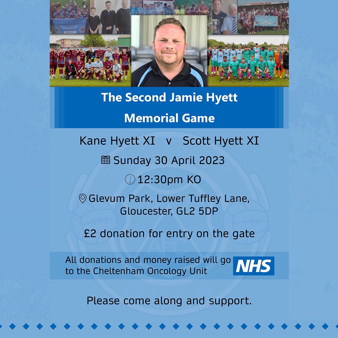 TuffleyRoversFC's tweet photo. Tomorrow we host the 2nd Memorial fixture in honour of @jamie_hyett. A day to celebrate his life &amp; raise some money for the @NHSGlos Cheltenham Oncology Unit.

We will host a 12:30pm KO at Glevum Park, with his sons @scotthyett &amp; @_Kanehyett leading the teams.

#Jamie https://t.co/HwovK5G75R
