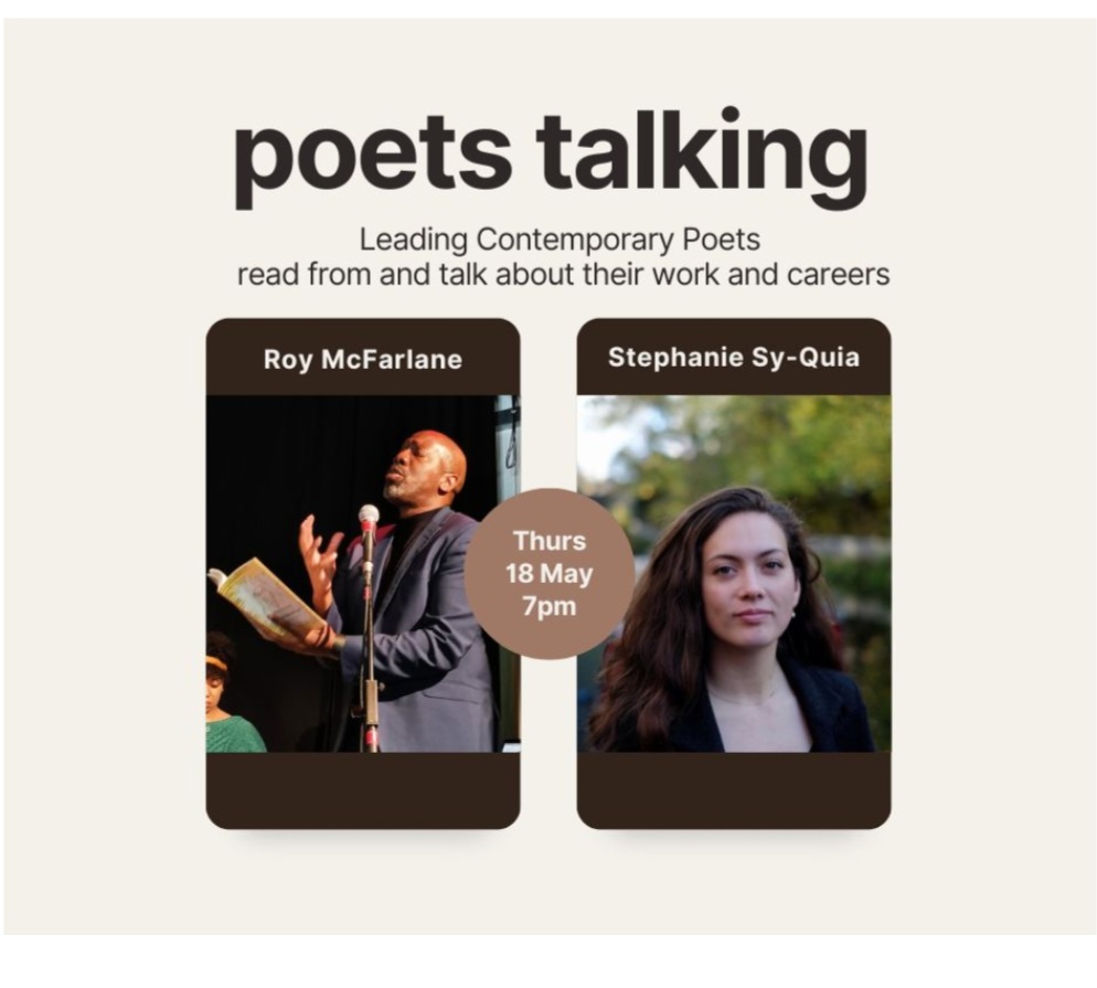 POETS TALKING 2: POETRY EVENT IN EALING 18th May
7pm
Brilliant, cutting-edge, 
acclaimed poets
ROY MCFARLANE &amp; STEPHANIE SY-QUIA
Reading and Talking about their latest books and what inspires their work
Tickets £10 (incl free glass of wine). Click here...
openealing.com/events/poets-t…