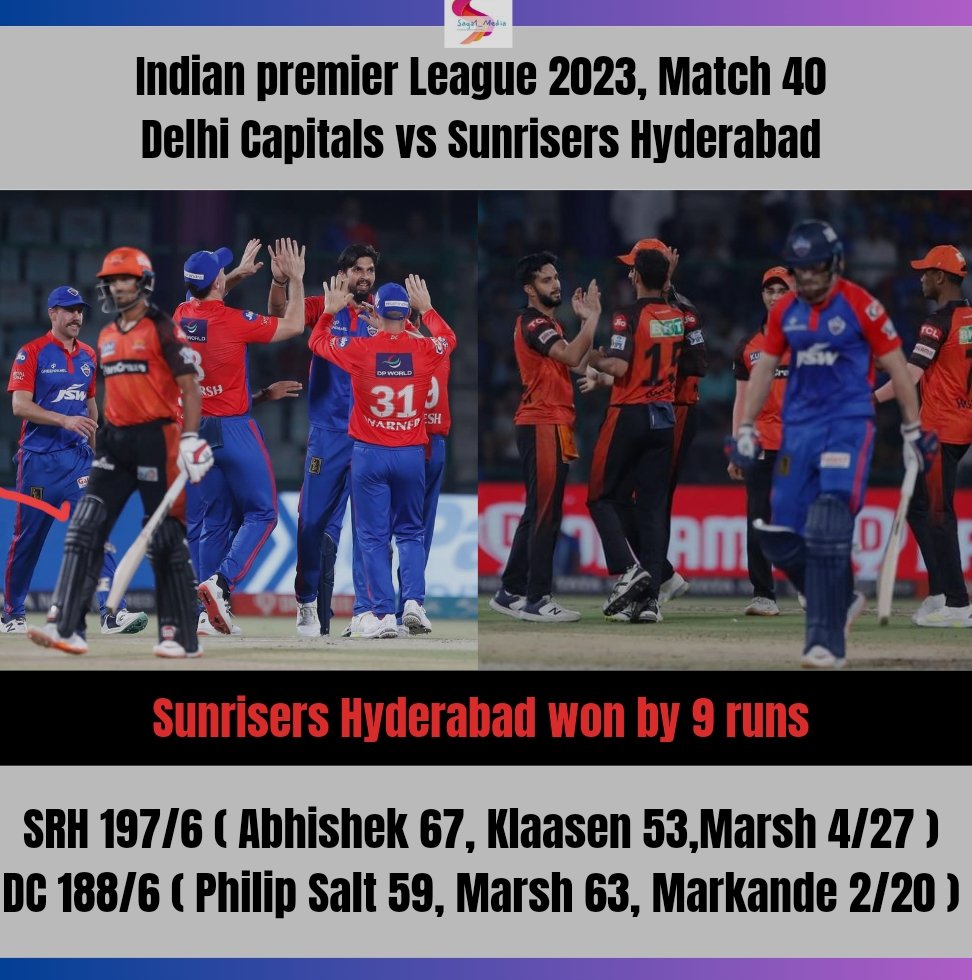 Saga1Media's tweet photo. Sunrisers Hyderabad won by 9 runs 
Picture 📸:- Ipl
#dcvssrh #dc #srh #davidwarner #bhuneshwarkumar #ipl #ipl2023 #Bcci #icc #indiancricketteam #indiancricket #india #cricket #IndianPremierLeague #DCVsSRH #SRHvDC https://t.co/YgIDSDqisG