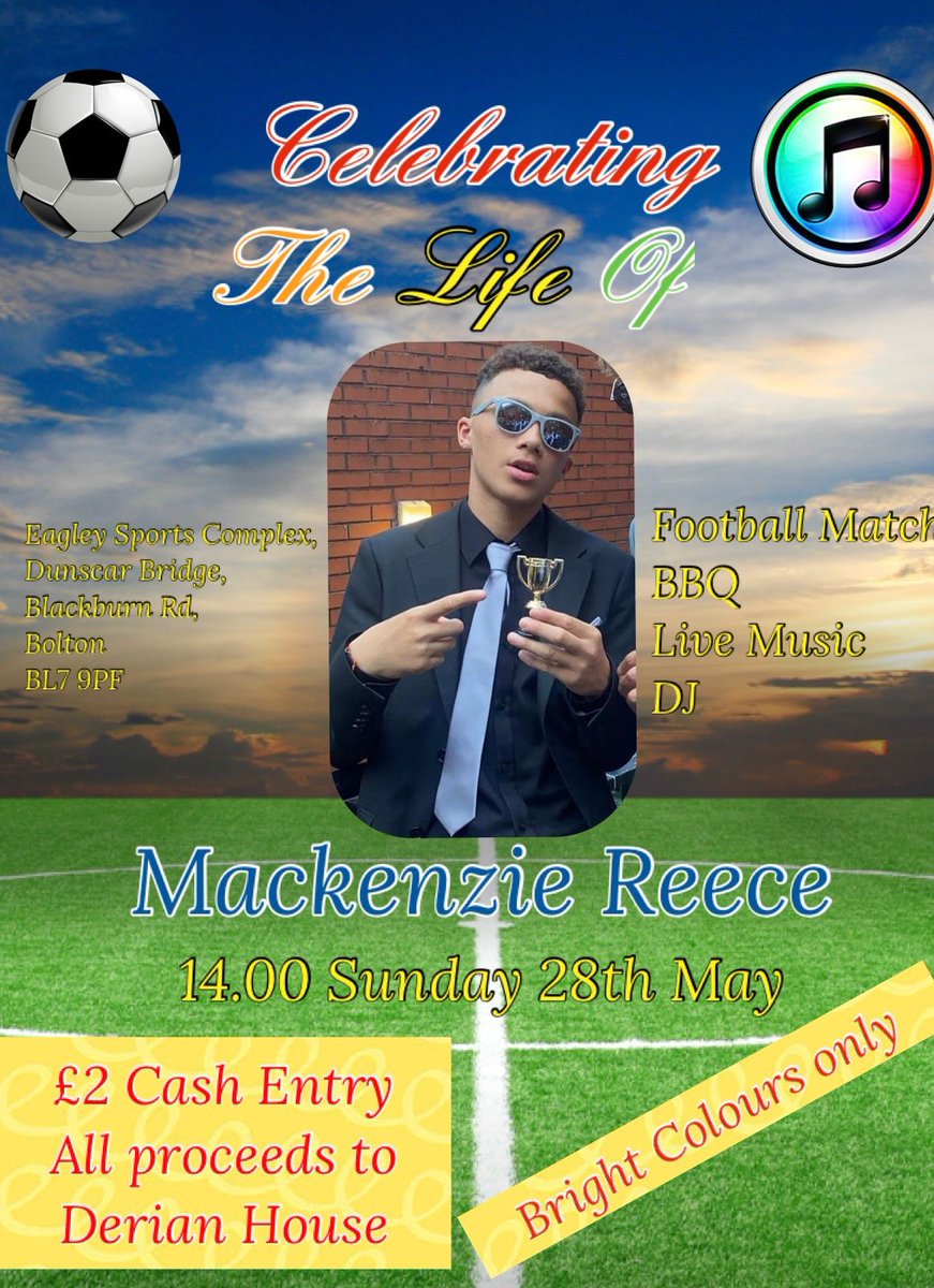 CMBjnrSection's tweet photo. Please join us at Eagley Sports Complex for a day to celebrate the life of Macker. The game will be played by those who played alongside Macker.
2pm Sunday 28th May
BBQ, live music and later on a DJ.
All proceeds will go to the family
#macker #mackenzie #reece https://t.co/DApZLKx9Mx