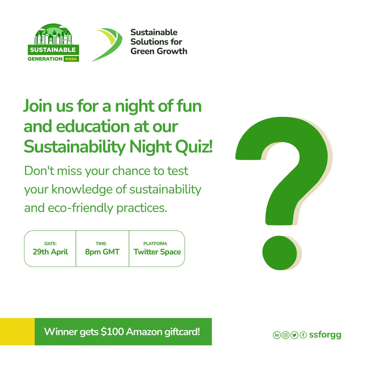 You can win a $100 @amazon giftcard when you join and engage in our Sustainability Quiz Night!

Join Our Sustainability Quiz Night on Twitter Space;

Joining link: x.com/i/spaces/1mnxe…

Thanks to our supporters at @SurgeAfricaOrg