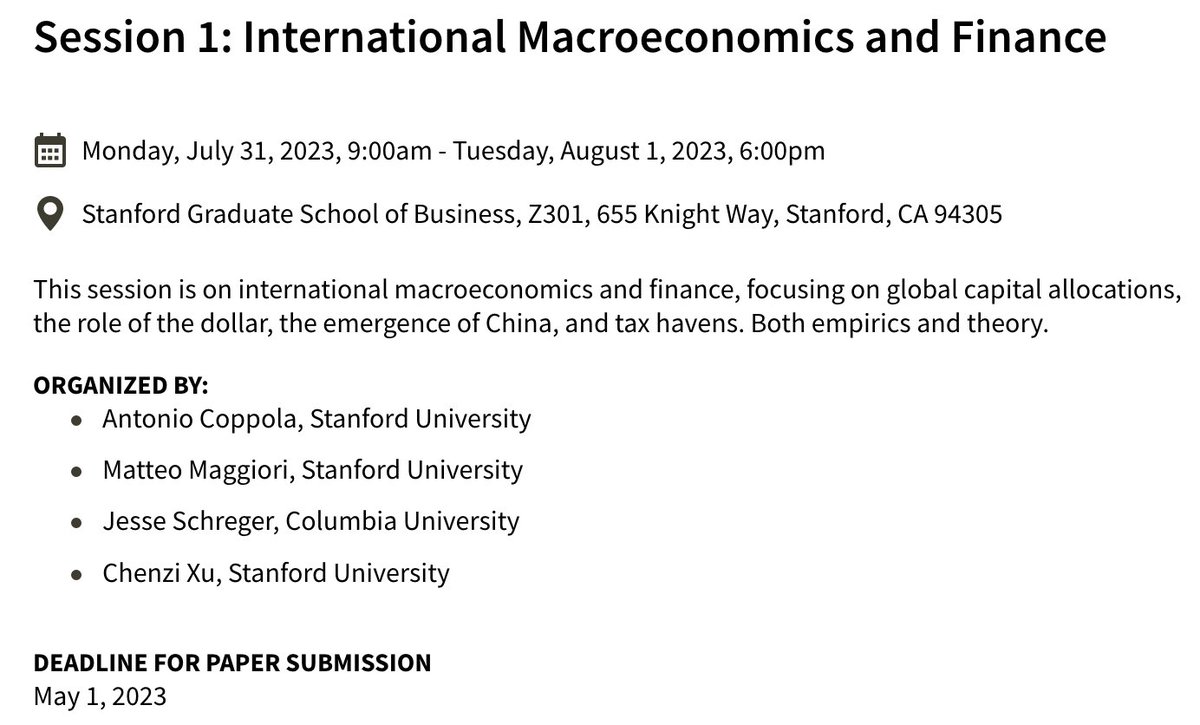 📝 Call for papers: submit your paper for this SITE session on international macroeconomics and finance. Deadline coming up on Monday (5/1).

Co-organized with <a href="/chenzix/">Chenzi Xu</a> <a href="/JSchreger/">Jesse Schreger</a> <a href="/m_maggiori/">Matteo Maggiori</a>.

economics.stanford.edu/paper-submissi…