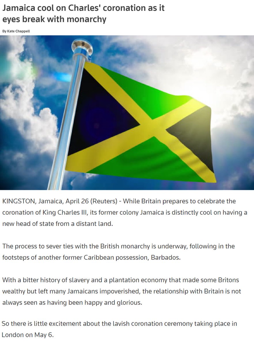 🇬🇧 One week from today, the Commonwealth will crown its new king.

But many countries are planning to break ties with the monarchy: Antigua &amp; Barbuda, Belize, the Bahamas, with Jamaica leading the way on the #RoadtoRepublic.

Details: reuters.com/world/uk/jamai…