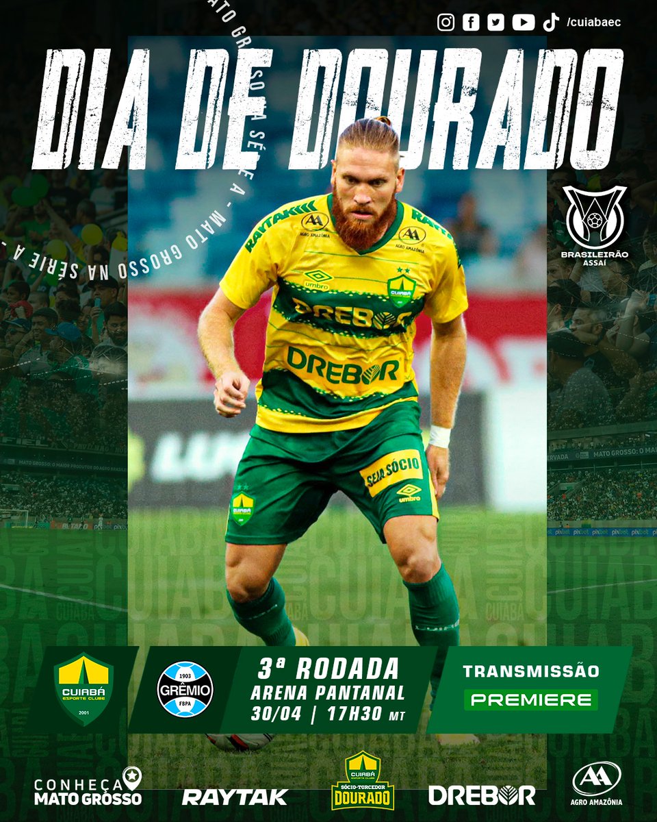 HOJE É DIA! HOJE TEM CUIABÁ!!! 💪

Cuiabá 🆚 Grêmio
📆 Domingo (30)
⏰ 17h30 (de MT)
🏆 3a rodada do <a href="/Brasileirao/">Brasileirão Betano</a> 
🏟 Arena Pantanal
📍 Cuiabá
📺 <a href="/canalpremiere/">Premiere</a>
🎟️ Dourado Store e tickethub.com.br

Avante, Dourado👊🔰