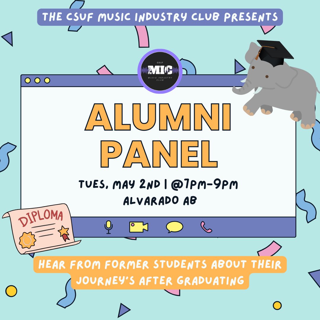 🌟 Alumni Panel 🌟

Join us this Tuesday, May 2nd at 7PM for our last event of the semester! 🥳
Location: TSU Alvarado AB 📍

You will get to here from CSUF Alumni and learn how they made it in the industry! 

#csuf #csufmic #csufullerton #commcsuf #bicccsuf #business