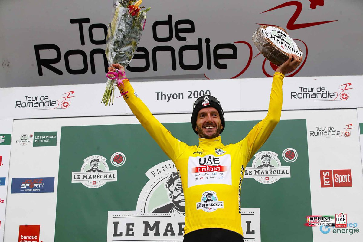 VeloUK's tweet photo. Adam Yates: βI am very happy! It has been important for me to win, especially after the bad luck in the last couple of races: I had a big crash in Catalunya, I took time to recover and now I am here celebrating this successβ. #Romandie #winner #inyellow https://t.co/pKT1TuKc4C