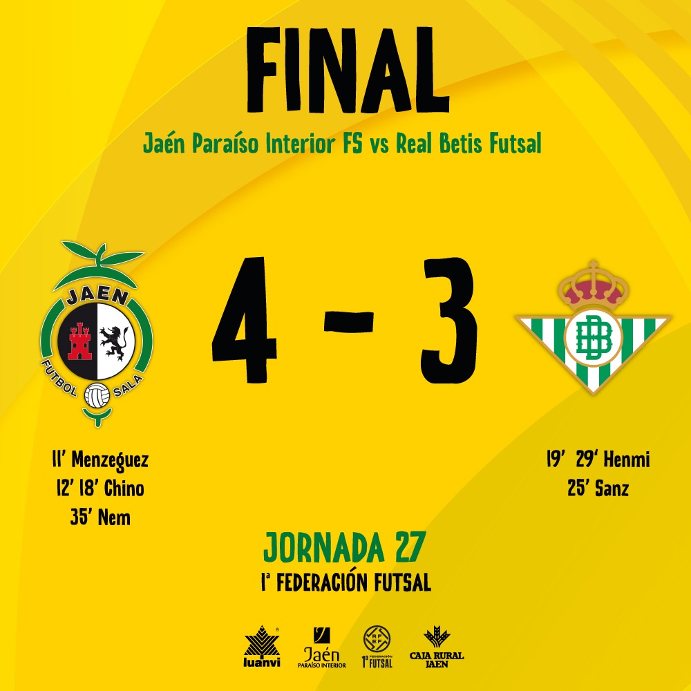 JaenFS's tweet photo. ⏱️ 40' | 4 - 3 | @JaenFS - @RealBetisFS

🎙️ ¡Los tres puntazos se quedan en el Olivo Arena!

📺 https://t.co/GkKUazlAfS

#SomosJaén💛 https://t.co/OBoxY2nCzA