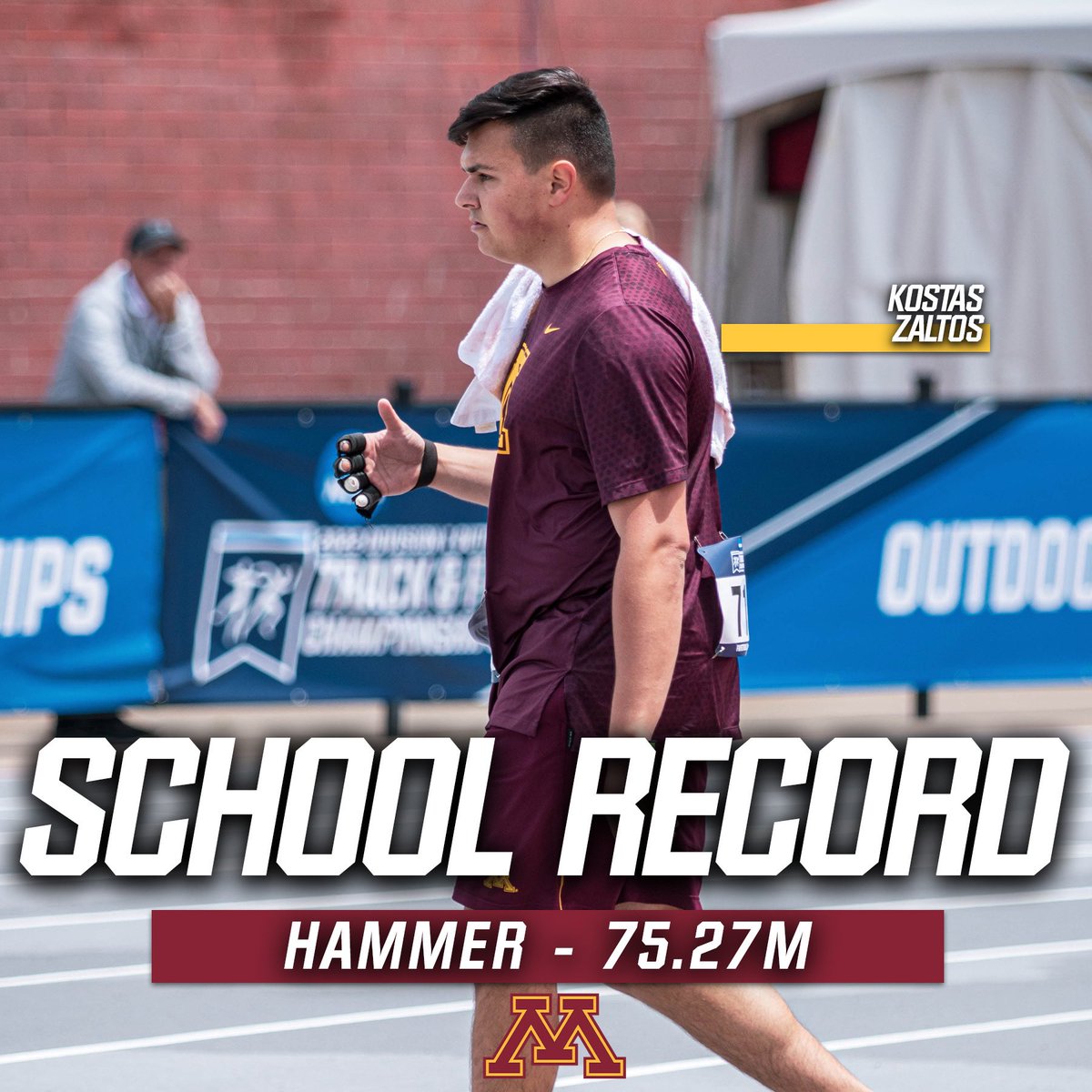 GopherCCTF's tweet photo. KOSTAS ZALTOS IS A GROWN MAN!!! 💪 

He just tossed the No. 1 hammer mark in the NCAA, broke the #Gophers 7-year old school record and put down the No. 10 mark in the WORLD in his second attempt at the 113th Drake Relays! #ncaaTF https://t.co/Rdgd4JWAMG