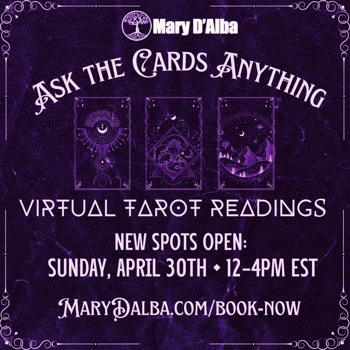 Do you seek guidance and answers?  Ask the cards anything from anywhere in the world!

There are still spots available tomorrow, Sunday, April 30th for a virtual tarot reading!

Marydalba.com/book-now