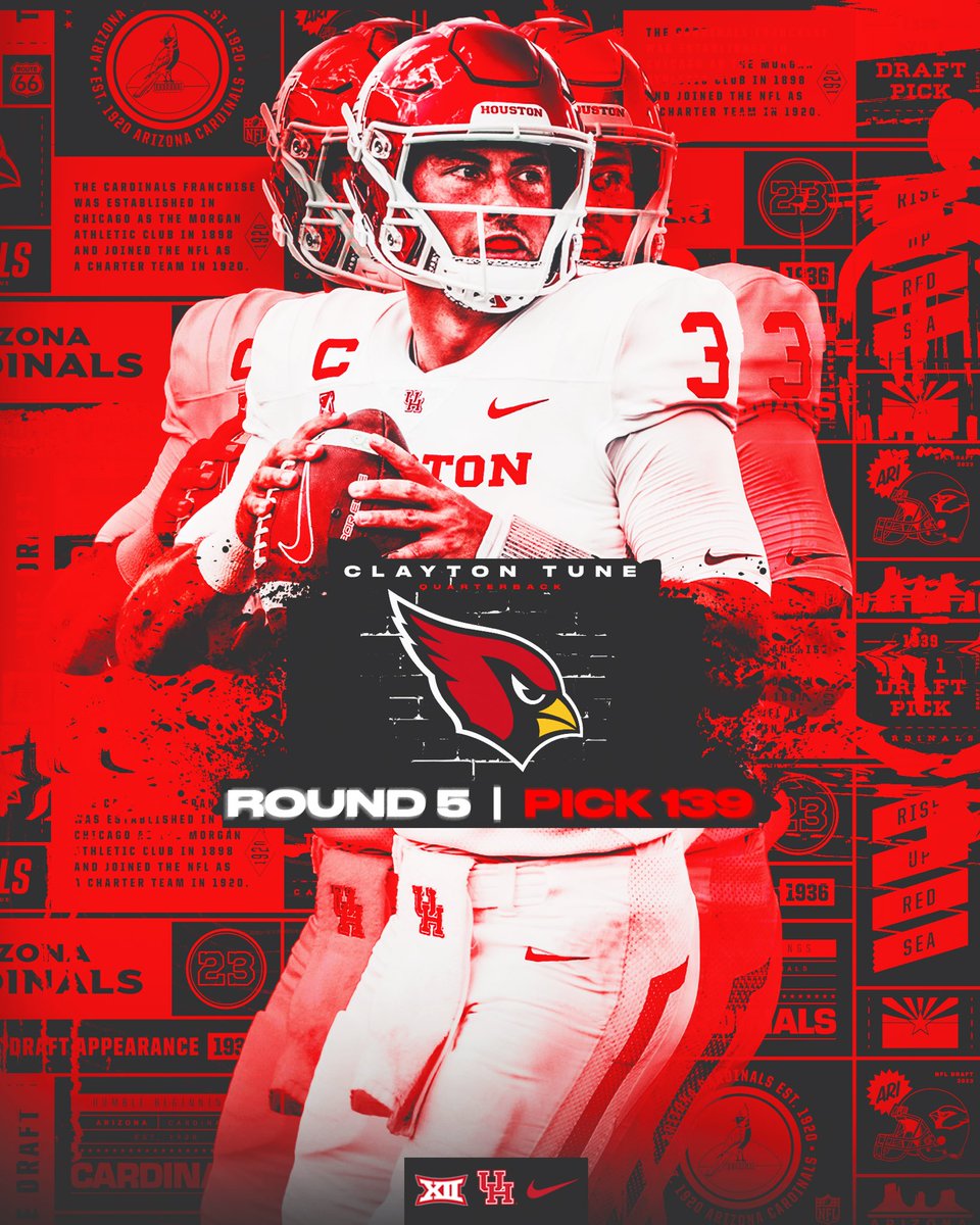UHCougarFB's tweet photo. TUNE!!

@ClaytonTune7 is selected by the @AZCardinals in the 5th Round!

#GoCoogs x #NFLDraft https://t.co/kNytB40xdI