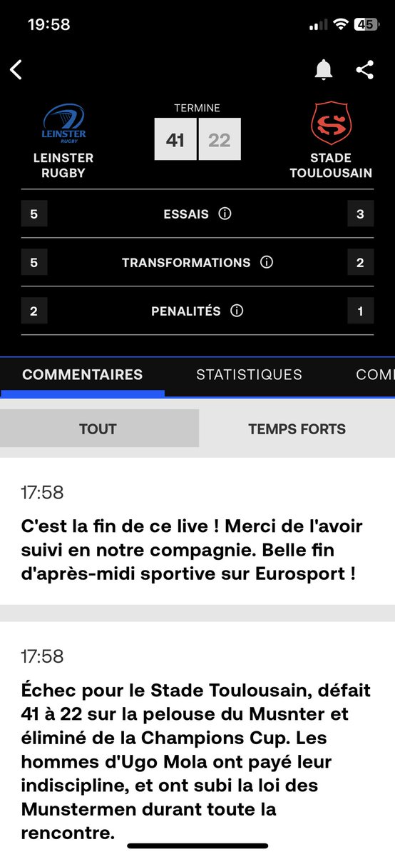 Marduson's tweet photo. Bravo ⁦@Eurosport_FR⁩ vous êtes des champions… Munster, Leinster, ranafoot!!! https://t.co/b81fJCwaQR