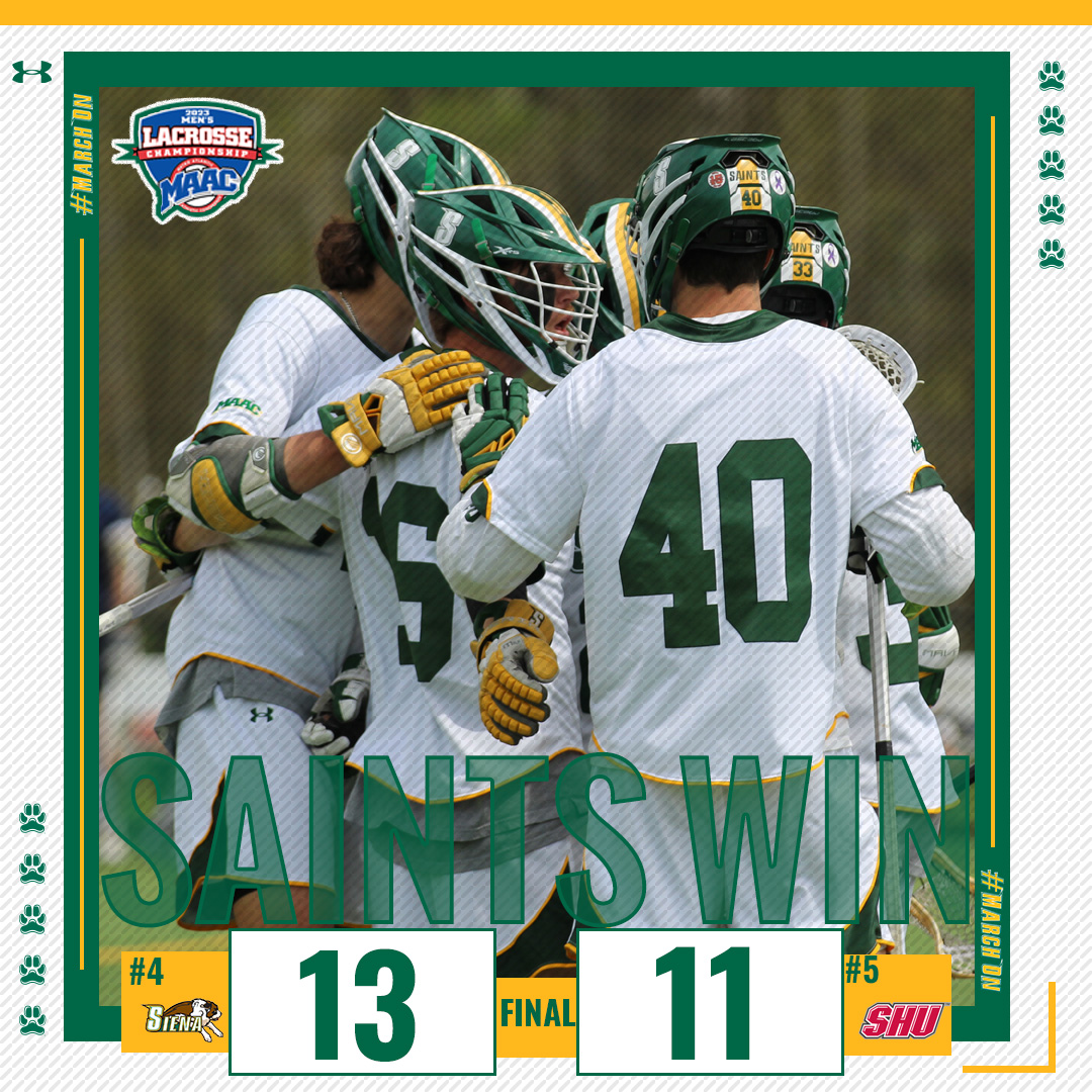 SienaLacrosse's tweet photo. FOR THE FIRST TIME SINCE 2014, THE #SIENASAINTS HAVE WON A @MAACSports TOURNAMENT GAME!

WE'LL SEE YA IN RIVERDALE ON THURSDAY!

#MARCHON | #NCAALACROSSE https://t.co/bYKrqUCWzM