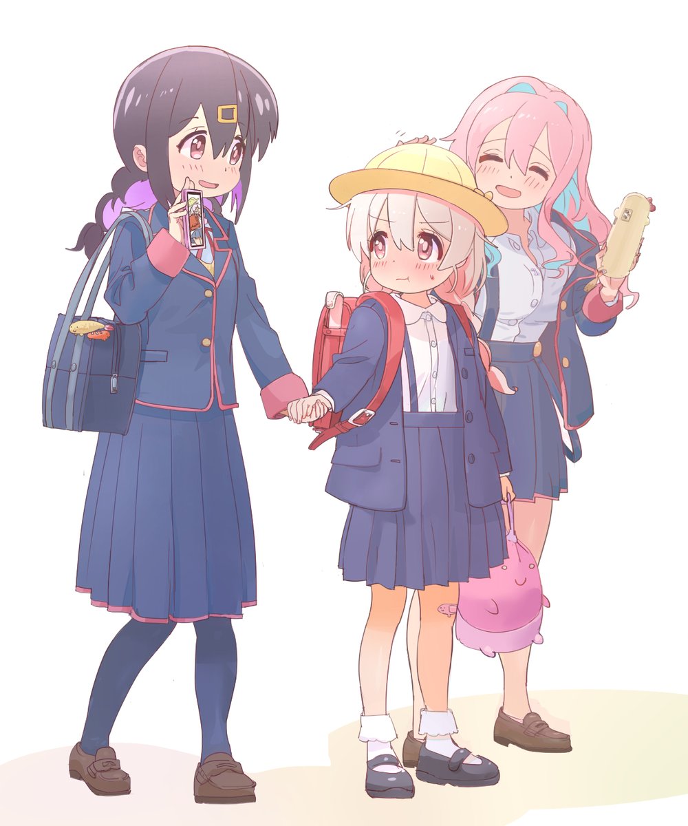 multiple girls school hat 3girls bag hat pink hair school uniform  illustration images