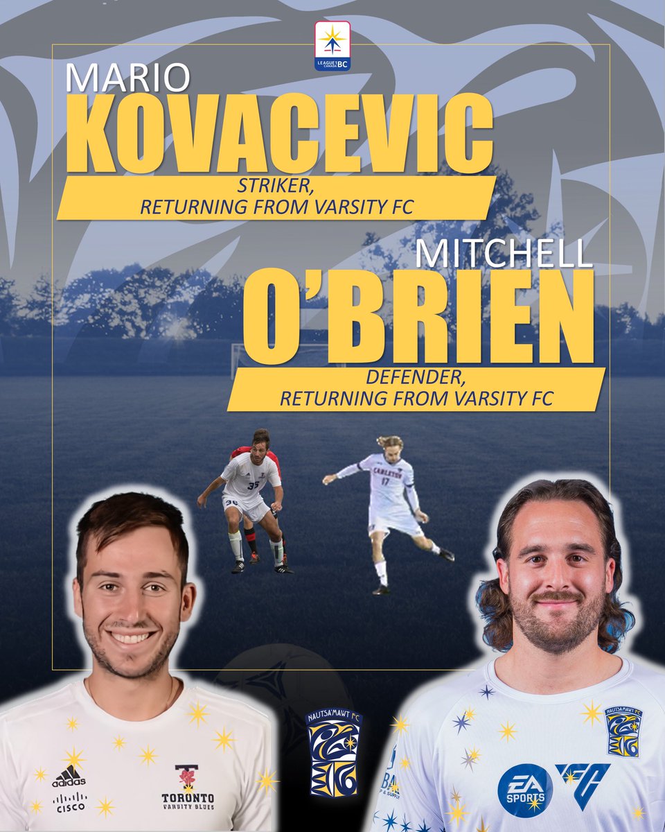 nautsamawtfc's tweet photo. The player announcements keep going✨✨✨

We are excited to welcome back Mitchell O’Brien and Mario Kovacevic returning from Varsity FC this season- with unfinished business on their minds. 

Both players had long and successful OUA careers, Kovacevic with the University of Toronto and O’Brien with Carleton. Mario scored 42 goals in 60 games for the Varsity Blues, culminating in representing Canada at the FISU Games in Kazan and being signed to the Toronto FC reserve/U23s where he played with MLS stalwarts Jonathan Osorio and Doneil Henry. He also played with Vaughn SC in League1 Ontario.

O’Brien played with Carleton Ravens where he finished second in the country as a lynchpin in midfield in 2021. He also won the NASL reserve division with Ottawa Fury. Though he made a name for himself in Ottawa, O’Brien is a native of Quebec where he represented their provincial team and finished second in League1 Quebec (PLSQ) with OSU Force. Both players bring real experience and quality to this group of young players and will play a mentorship role to our young indigenous and UBC based players.

Welcome to you both! 🔥

#oneheartonemind #riseasone #ateamwithareconciliationteam #bestforbc @League1Canada