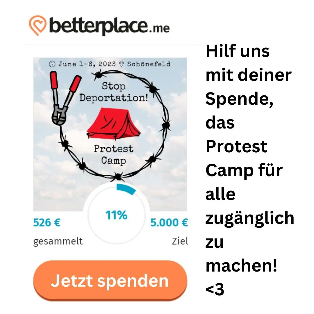 Wir, die Initative Abschiebezentrum BER Verhindern planen vom 1.-6.6. ein Protest- und Bildungscamp nahe des Flughafens BER. Denn dort soll ein neues Abschiebezentrum entstehen, das die bereits bestehenden Haftkapazitäten massiv erweitert. 

Spenden⛺💰 betterplace.me/stop-deportati…
