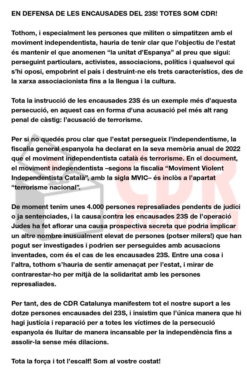 CDRCatOficial: El jutge ha tancat el sumari de l’operació Judes i acusa a les <a href="/Detingudes23S/">Detingudes23S</a> de terrorisme, mostrant la pitjor cara de la persecució espanyola contra l’independentisme.

Des de #CDRenXarxa volem donar tot l’escalf a les encausades, víctim…