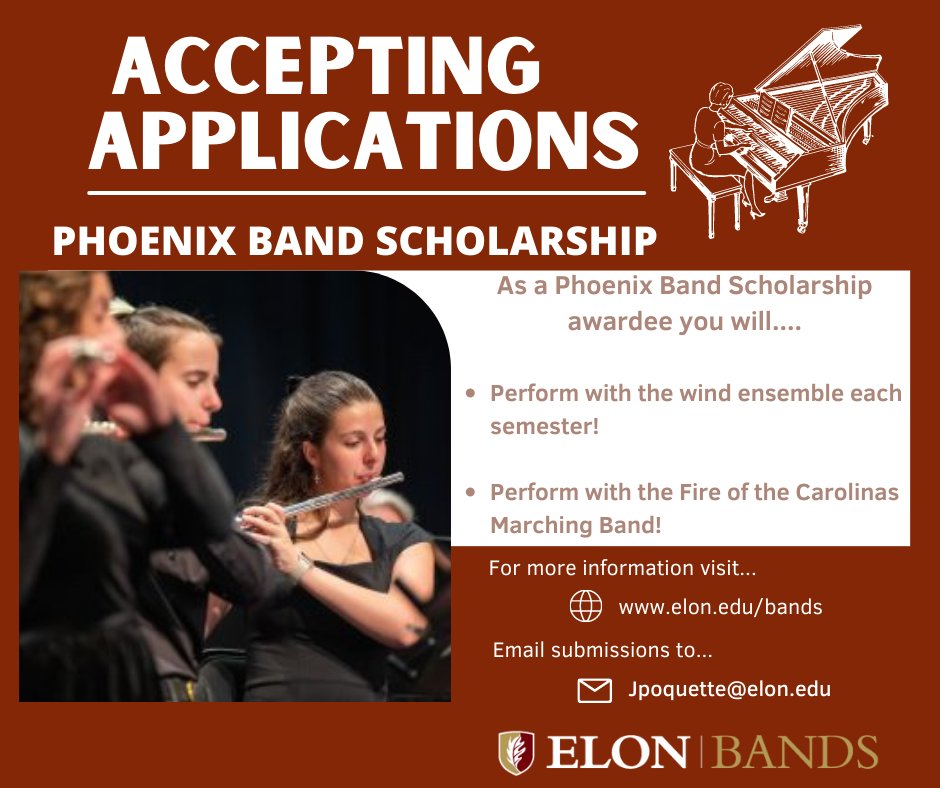 Are you an incoming student looking for scholarship opportunities? ElonBands is still accepting applicants for the Phoenix Band Scholarship. Find more information on our website elon.edu/bands