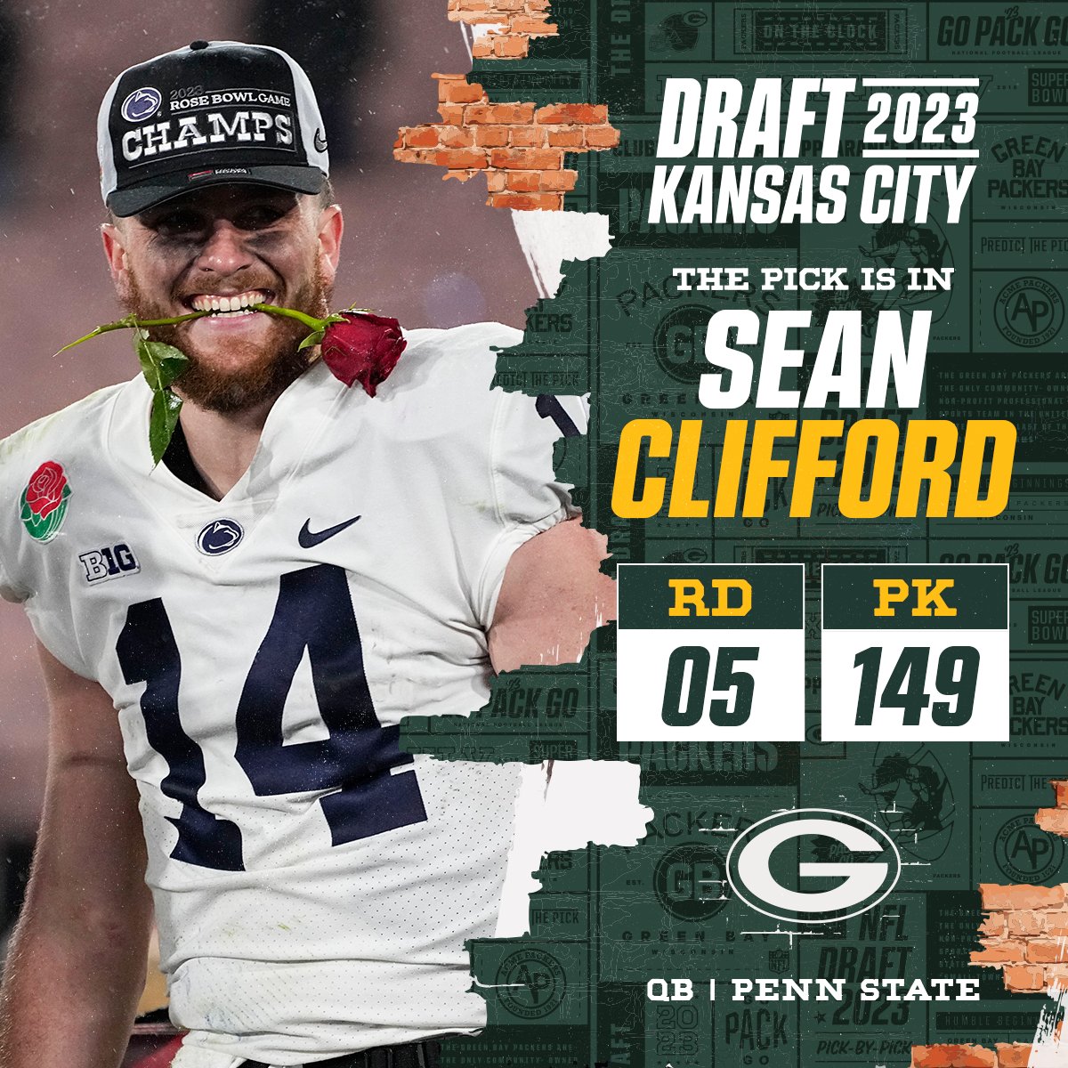 With the No. 149 overall pick in the 2023 <a href="/NFLDraft/">NFL Draft</a>, the <a href="/packers/">Green Bay Packers</a> select QB Sean Clifford!

📺: 2023 #NFLDraft on NFLN/ESPN/ABC
📱: Stream on NFL+ bit.ly/3Nk9PrV