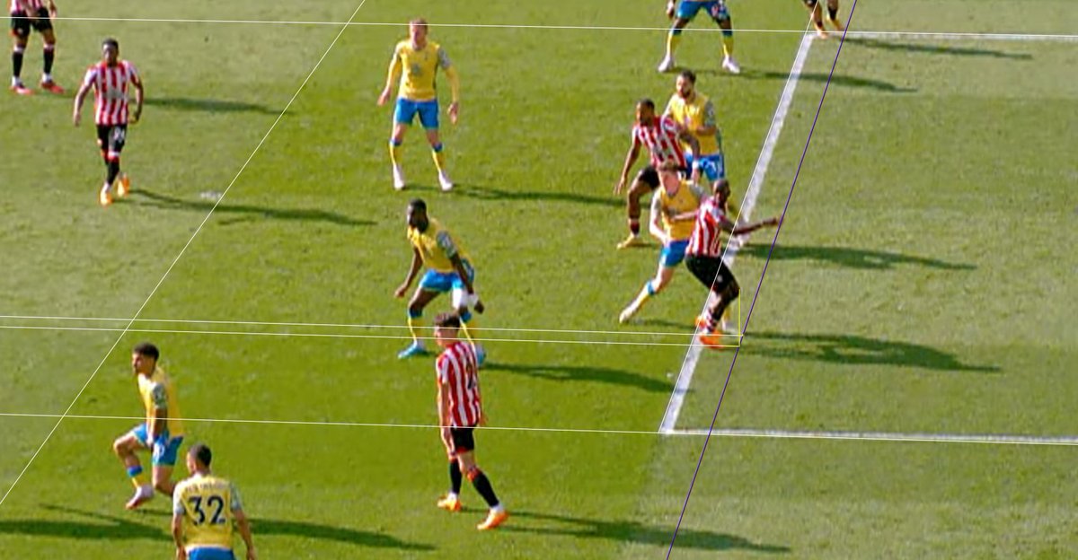 FutOffsides's tweet photo. ❌Closest play of the season so far. Ivan Toney was, by our analysis, millimiters offside. He interfered with the goalkeeper's view in Brentford's winning goal against Nottingham Forest. 

VAR did allow the goal as it is in the margin of error of their system. https://t.co/asTEbdKOhH