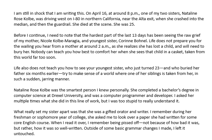 Steve_Bohnel's tweet image. Some of you are likely wondering why I haven't tweeted in a while, either about work at my new job or other things. On April 16, one of my sisters, Nataline Rose Kolbe, died in a car crash. Let me tell you about her (this will take multiple tweets)