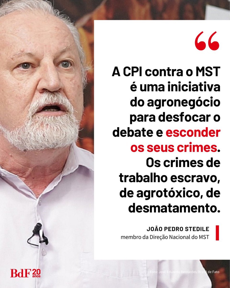 CPI sobre o MST existe para desviar foco de crimes do agronegócio, afirma <a href="/stedile_mst/">João Pedro Stedile</a>

"O que deveria ter é uma CPI para investigar quem desmatou, quem invade terra indígena, terra quilombola, quem usa agrotóxico", disse.

Leia: bdf.sh/t/tbqwf