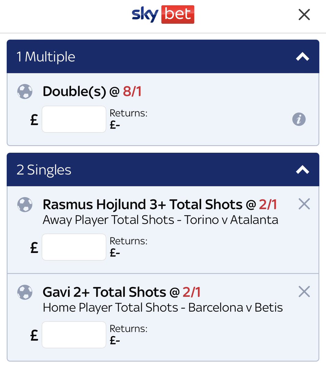 This evening player shots double
Torino vs Atalanta &amp; Barcelona vs Betis
1u @ 8/1