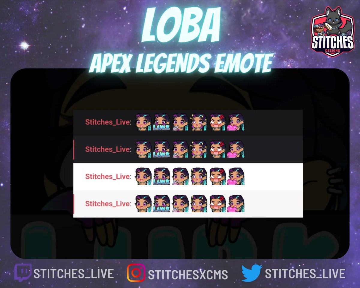 Loba Torrent Skin Twitch Emotes Bundle 
link in my bio ⬆️👆
Always loved this skin so had to do emotes for it 🩷
#labamain #apexlegends #lobaapexlegends #twitch #twitchemotes #twitchemoteartist