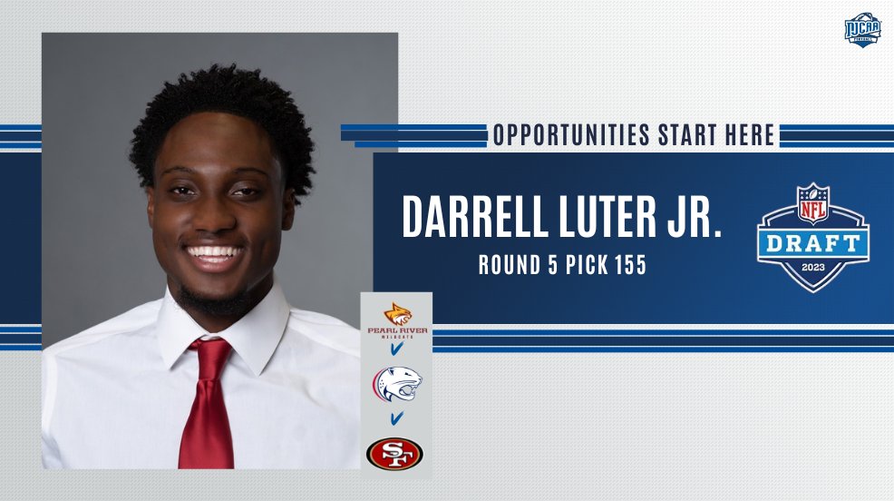 NJCAAFootball's tweet photo. Pearl River➡️South Alabama➡️San Francisco

Congrats to former @PearlRiverFB Defensive Back Darrell Luter Jr. on being selected in the fifth round of the #NFLDraft !

@NJCAA | #OpportunitiesStartHere https://t.co/SlyiEsjpKL