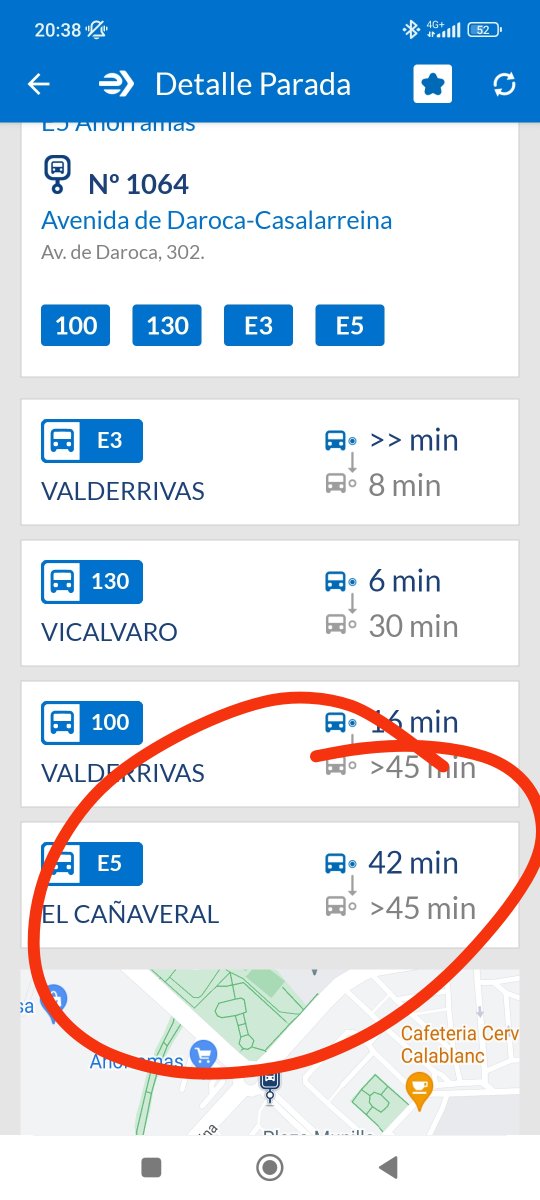 noelajara's tweet photo. @EMTmadrid @AlmeidaPP_  como usuaria constante del transporte público y residente en el cañaveral creo que se debería revisar de forma urgente la ruta E5. Es lamentable los tiempos de espera entre autobuses. Queréis fomentar el barrio y lo tenéis abandonado. https://t.co/ZP9hAVvm5V
