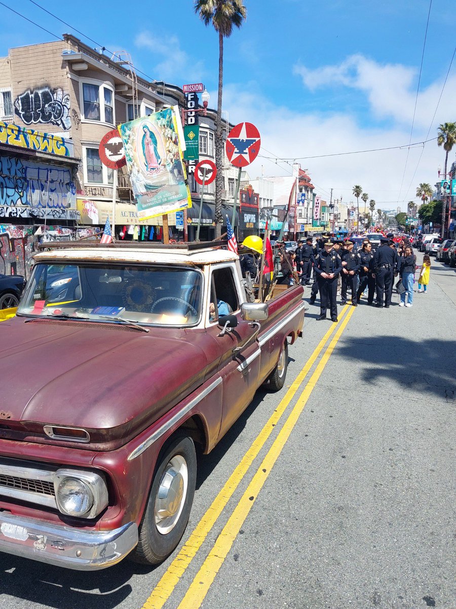 SFPD's tweet photo. Beautiful weather for today’s Cesar Chavez parade and festival! Our members were proud to join the festivities and march in the parade. Visit us at our Recruitment Booth today! https://t.co/E4dZhtyVW6