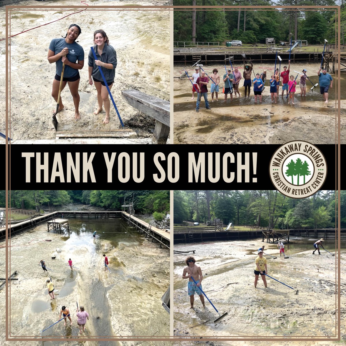waukaway's tweet photo. We are so blessed to have a crew of volunteers who showed our staff and guests some BIG love today in the (drained) lake! Thank you so very much for giving of your time, energy, and strength! We appreciate you so much and are so thankful for your partnership! #waukaway https://t.co/PKb64MKxYM