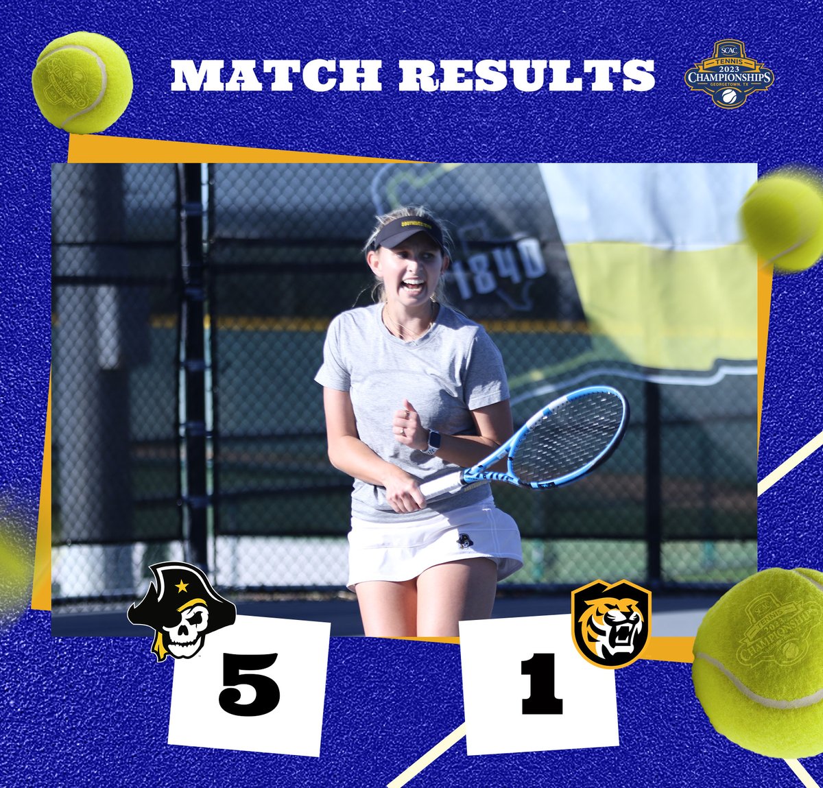 SCAC_Sports's tweet photo. #SCACWTen |  The @SUPirates advance to the #SCAC championship, taking down the Tigers, 5-1!🎾

#SCACPride | #SCACChamps | #SCACTen https://t.co/OxDzypB13p