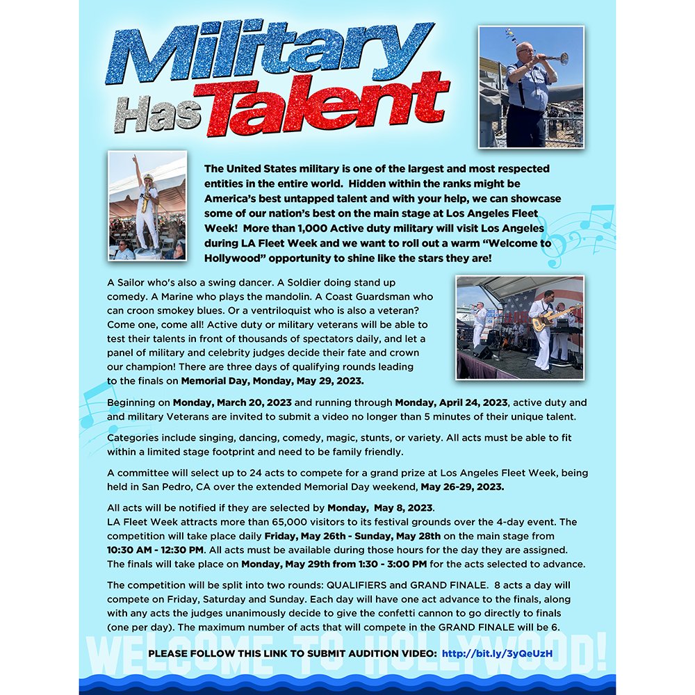 ussiowa's tweet image. HEAD UP!
#LAFLeetWeek2023 is adding an exciting new element: #MilitaryHasTalent.
This Memorial Day weekend competition (May 26-29, 2023) is open to all branches of the military AND veterans.
Extended submission deadline: MONDAY, MAY 15.
bit.ly/mht_auditions