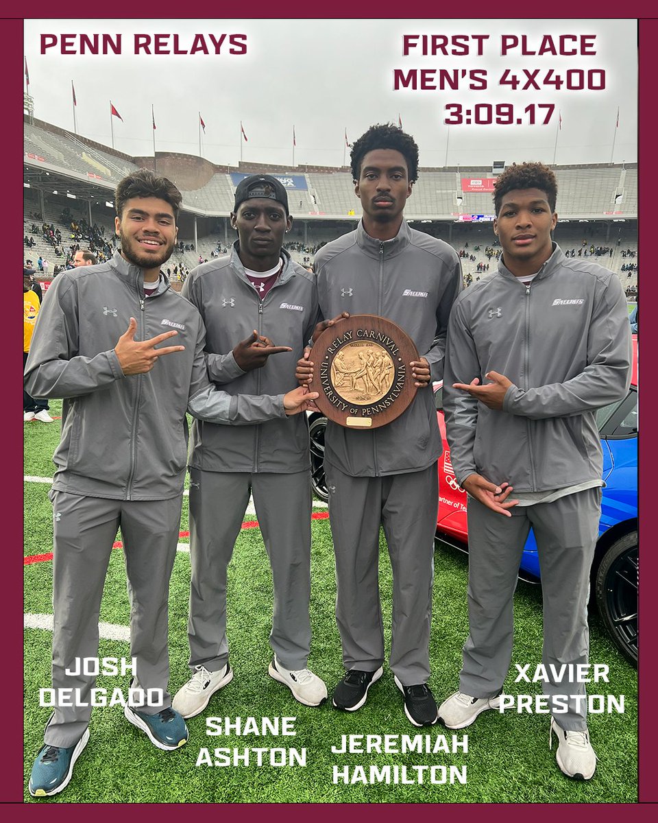 SIU_TrackXC's tweet photo. 𝘽𝙧𝙞𝙣𝙜𝙞𝙣𝙜 𝙝𝙤𝙢𝙚 𝙨𝙤𝙢𝙚 𝙨𝙞𝙡𝙫𝙚𝙧𝙬𝙖𝙧𝙚 🏆

Josh Delgado, Shane Ashton, Jeremiah Hamiton, and Xavier Preston earned a 𝐅𝐈𝐑𝐒𝐓-𝐏𝐋𝐀𝐂𝐄 finish in the Men's 4x400 College Relay on Saturday, posting a time of 3:09.17 at the @pennrelays 🔥

#1Team1Goal https://t.co/OCXsHJCN1g