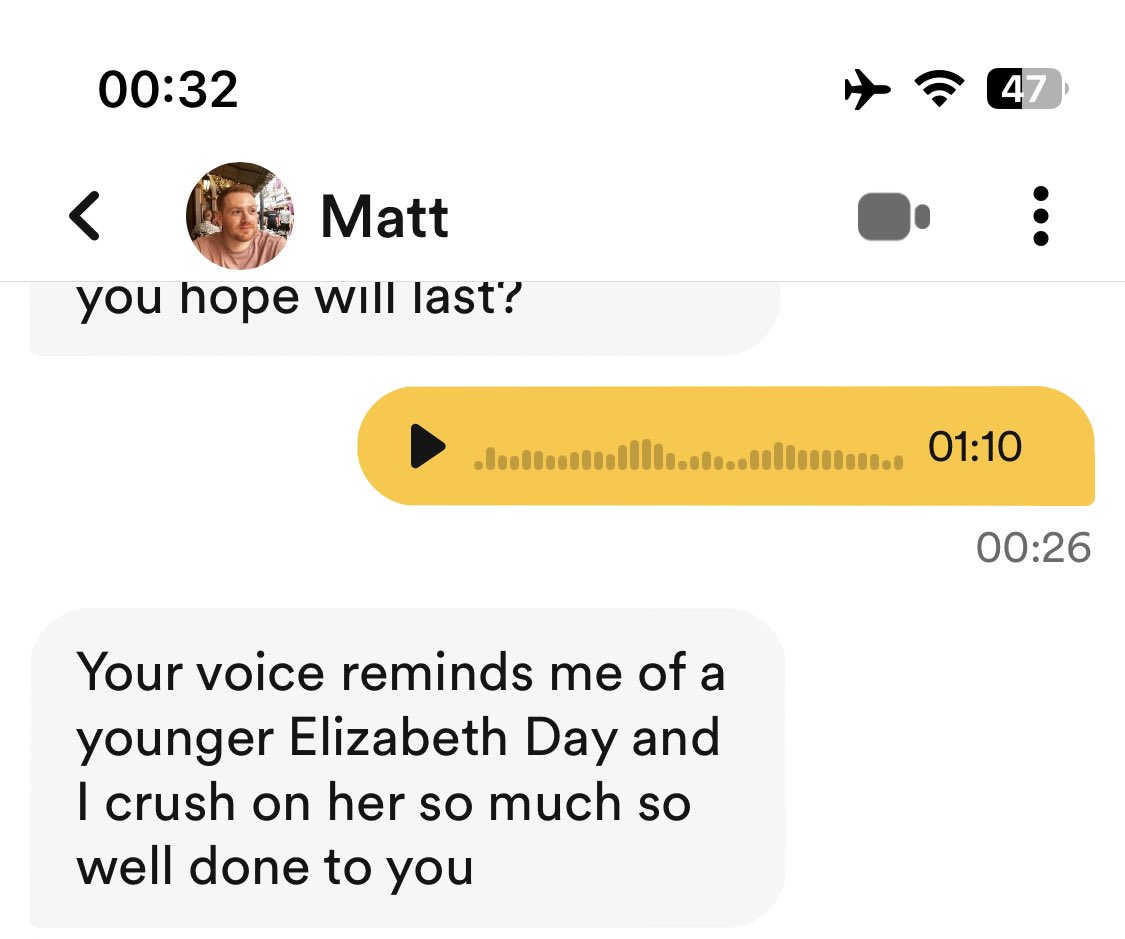 catburrell's tweet photo. @elizabday Some guy just sent me this on a dating app and I feel SO honoured to share a similar voice to you 😂 Biggest compliment. https://t.co/ZupjhSqc8D