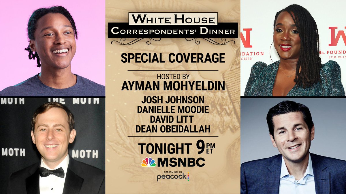 AymanMSNBC's tweet photo. TONIGHT ON AYMAN: A very special #SaturdayNightPanel, @JoshJohnson, @DeeTwoCents, @davidlitt and @DeanObeidallah, join @AymanM to take us through tonight's White House Correspondents' Dinner. Tune in for the issues, the speeches and the biggest laughs of the night. https://t.co/jHcgMSrkH9