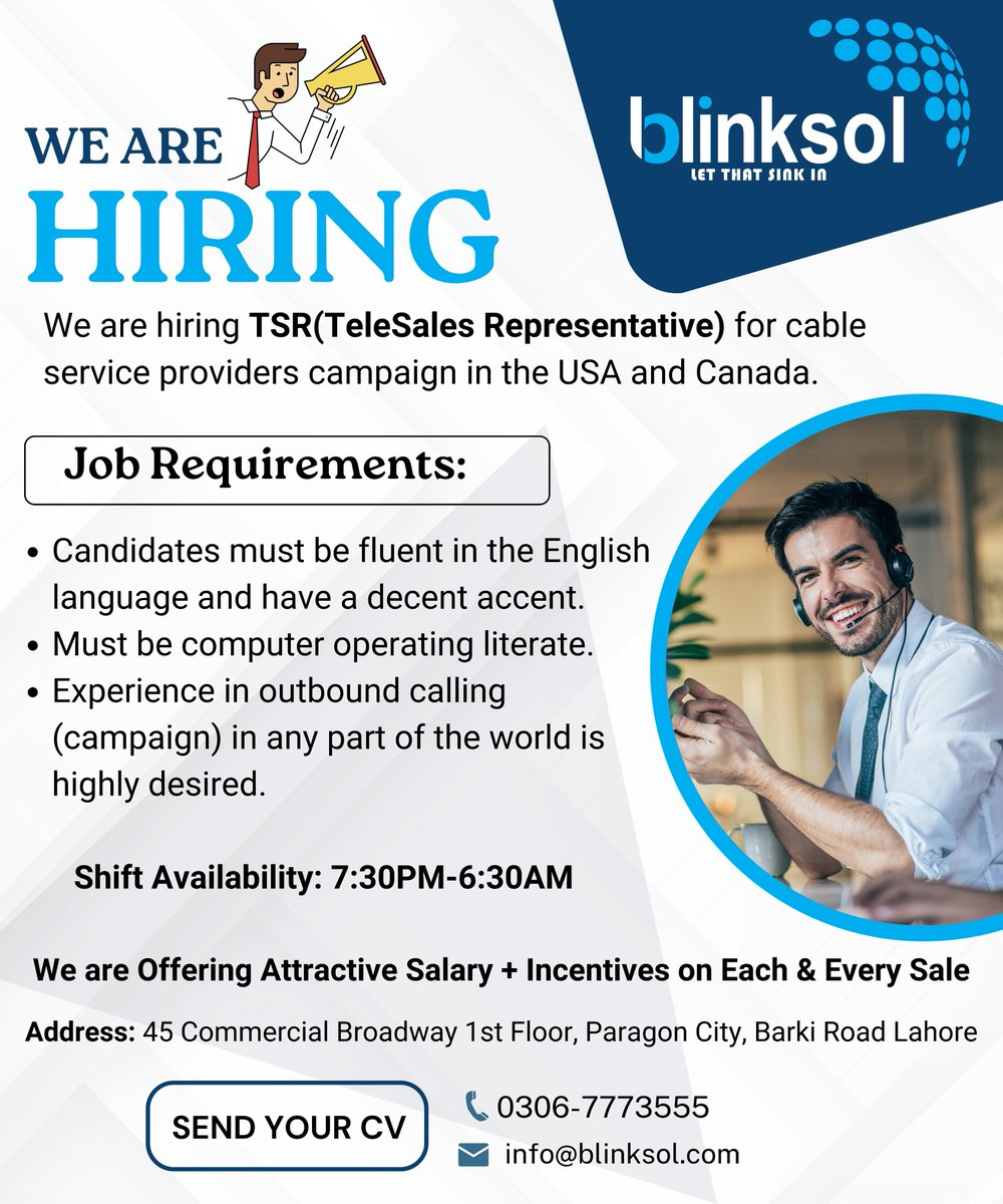 blinksol_'s tweet photo. Alert!!!!!
We Are Hiring TSR!!!!
Job Description:
We are hiring TSR(Telesales Representatives) for cable service providers campaign n the USA and Canada.
#blinksol #hiring #jobopportunity #callcenterjobs #callcenterservices #jobaler #lahorejobs #telesalesrepresentatives https://t.co/vIpwtNKm0F