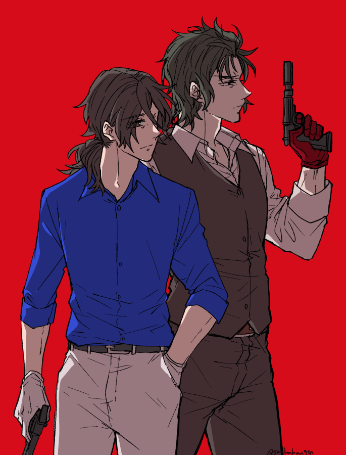 multiple boys weapon gun 2boys gloves red background male focus  illustration images